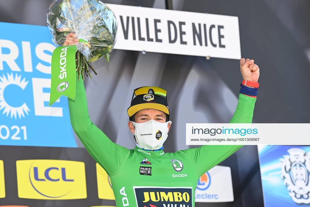 VALDEBLORE LA COLMIANE, FRANCE - MARCH 13 : ROGLIC Primoz (SLO) of Team Jumbo-Visma with the green jersey pictured during the podium ceremony of stage 7 of the 79th edition of the 2021 Paris - Nice cycling race, a stage of 119,2 kms between Le Broc and station Valdeblore La Colmiane on March 13, 2021 in Valdeblore La Colmiane, France, 13 03 2021 CYCLISME : Paris - Nice 2021 - Etape 7 - Le Broc a station Valdeblore La Colmiane - 13 03 2021 Photonews Panoramic