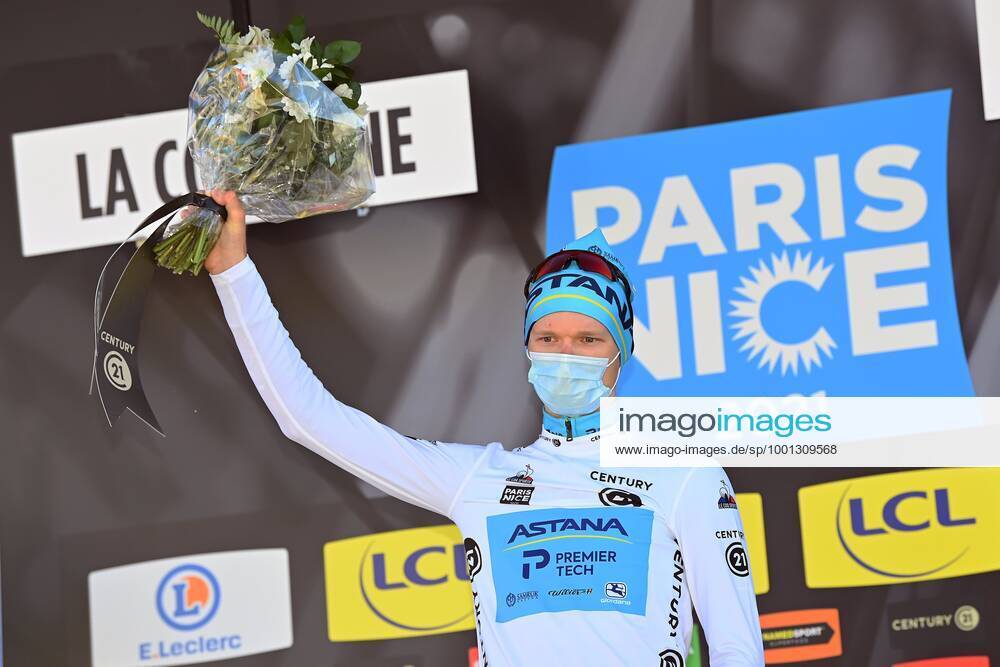 VALDEBLORE LA COLMIANE, FRANCE - MARCH 13 : VLASOV Aleksandr (RUS) of Astana - Premier Tech with the white jersey pictured during the podium ceremony of stage 7 of the 79th edition of the 2021 Paris - Nice cycling race, a stage of 119,2 kms between Le Broc and station Valdeblore La Colmiane on March 13, 2021 in Valdeblore La Colmiane, France, 13 03 2021 CYCLISME : Paris - Nice 2021 - Etape 7 - Le Broc a station Valdeblore La Colmiane - 13 03 2021 Photonews Panoramic