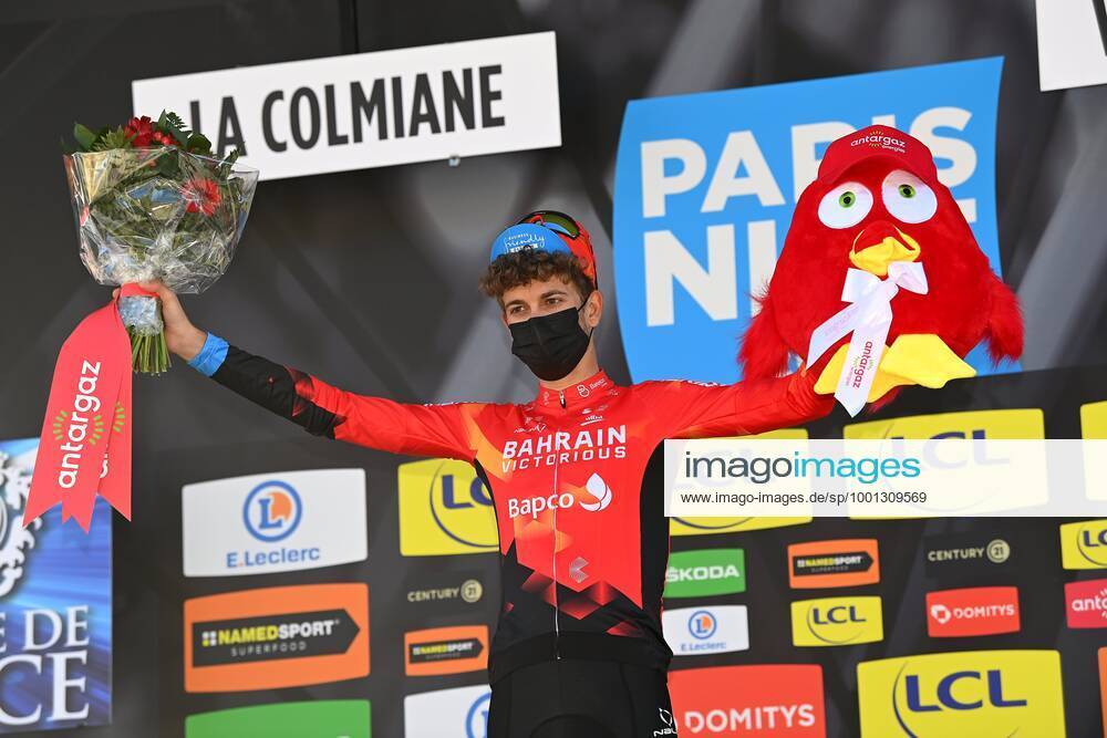 VALDEBLORE LA COLMIANE, FRANCE - MARCH 13 : MADER Gino (SUI) of Bahrain - Victorious with the prix de la combativite pictured during the podium ceremony of stage 7 of the 79th edition of the 2021 Paris - Nice cycling race, a stage of 119,2 kms between Le Broc and station Valdeblore La Colmiane on March 13, 2021 in Valdeblore La Colmiane, France, 13 03 2021 CYCLISME : Paris - Nice 2021 - Etape 7 - Le Broc a station Valdeblore La Colmiane - 13 03 2021 Photonews Panoramic