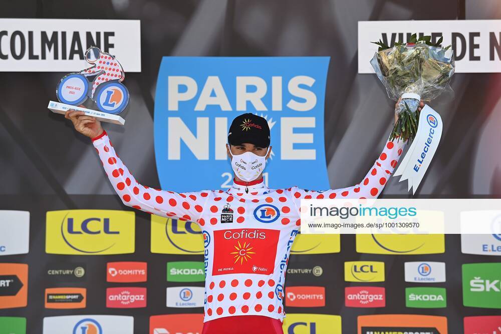 VALDEBLORE LA COLMIANE, FRANCE - MARCH 13 : PEREZ Anthony (FRA) of Cofidis, Solutions Credits with the polka dot jersey pictured during the podium ceremony of stage 7 of the 79th edition of the 2021 Paris - Nice cycling race, a stage of 119,2 kms between Le Broc and station Valdeblore La Colmiane on March 13, 2021 in Valdeblore La Colmiane, France, 13 03 2021 CYCLISME : Paris - Nice 2021 - Etape 7 - Le Broc a station Valdeblore La Colmiane - 13 03 2021 Photonews Panoramic
