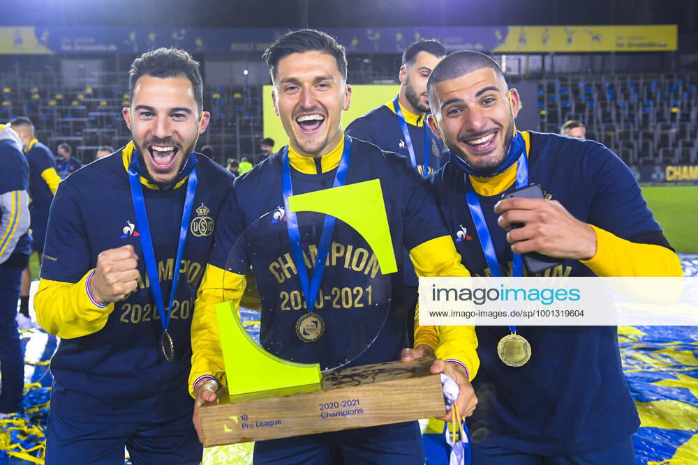 Union s Edisson Jordanov, Union s Marcel Mehlem and Union s Deniz Undav celebrate after winning a soccer match between Royale Union Saint-Gilloise and RWDM, Saturday 13 March 2021 in Brussels, on day 23 of the Proximus League 1B second division of the Belgian soccer championship. LAURIExDIEFFEMBACQ x05982209x