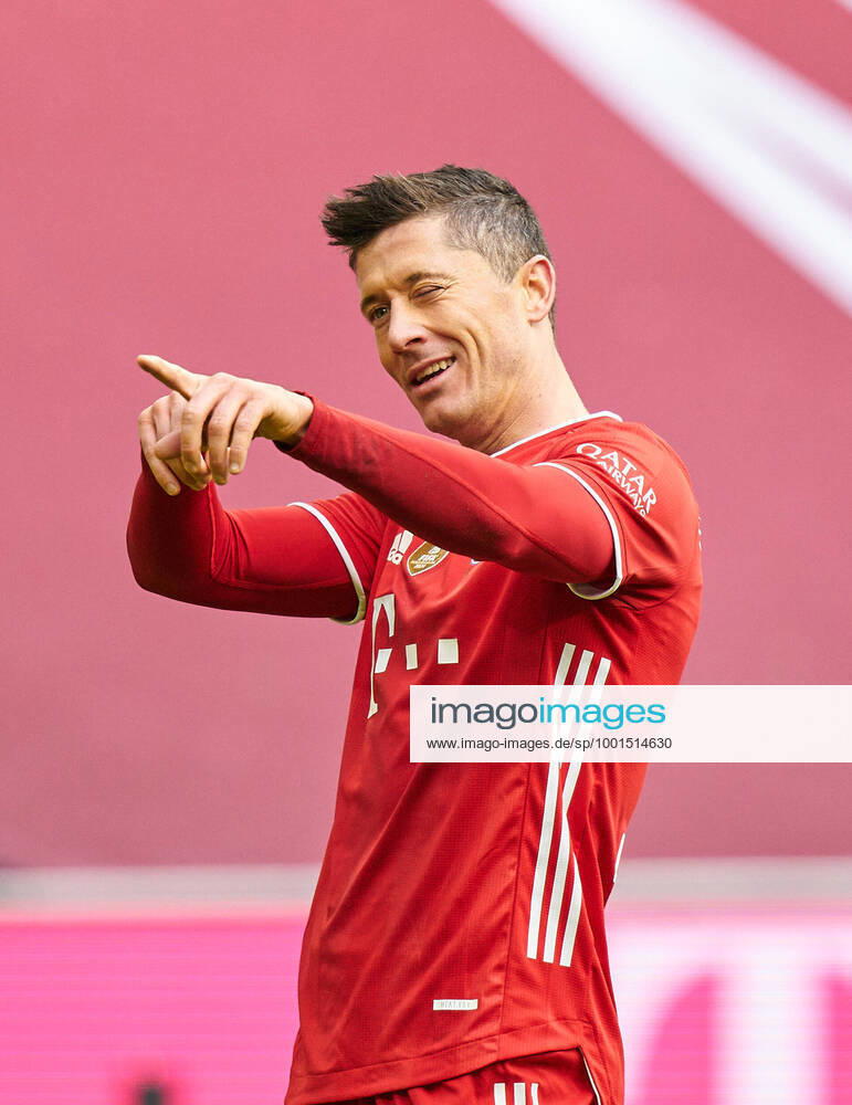 Football 1 German Soccer League FC BAYERN MUENCHEN VFB STUTTGART Robert LEWANDOWSKI, FCB 9 celebrates his goal, happy, laugh, celebration, 3 0 in the match FC BAYERN MUENCHEN VFB STUTTGART 1 German Football League on March 20, 2021 in Munich, Germany Season 2020 2021, matchday 26, 1 Bundesliga, FCB, Munich, 26 Matchday Photographer Peter Schatz Pool National and international News Agencies OUT Editorial Use ONLY DFL REGULATIONS PROHIBIT ANY USE OF PHOTOGRAPHS as IMAGE SEQUENCES and or QUASI VIDEO Munich Allianz Arena Bavaria Germany Poolfoto Peter Schatz Pool via Mladen Lackovic ,