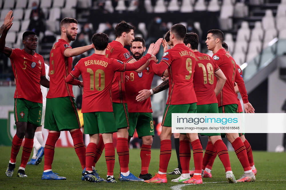 Players of Portugal celebrates after Maksim Medvedev of Azerbaijan made the own goal of 1-0 during the FIFA World Cup, WM, Weltmeisterschaft, Fussball Qatar 2022 qualification football match between Portugal and Azerbaijan at Juventus stadium in Torino (Italy), March, 24, 2021. Photo Federico Tardito Insidefoto insidefoto