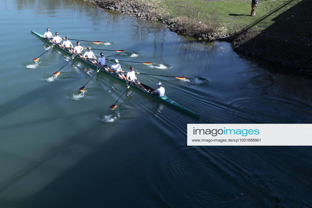 The German Eight 2021 during training on the Dortmund Ems Canal, with Martin SAUER, cox, Hannes OCIK, stroke, Richard SCHMIDT Malte JAKSCHIK, Jakob SCHNEIDER Mark LESKE Olaf ROGGENSACK Laurits FOLLERT and Johannes WEISSENFELD , Action, Rowing, Presentation Germany Eight, on 31 03 2021 in Dortmund Germany