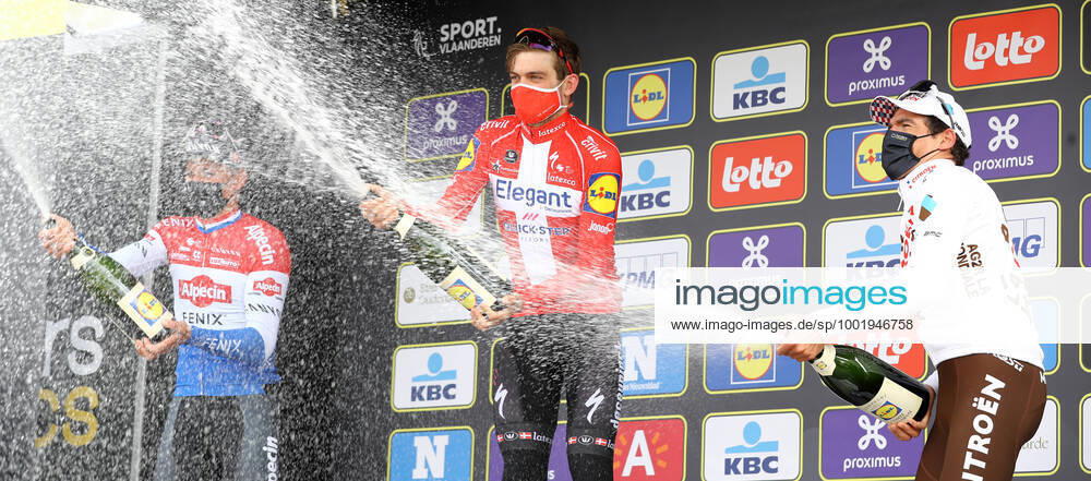 KW13 Dutch Mathieu van der Poel of Alpecin-Fenix, Danish Kasper Asgreen of Deceuninck - Quick-Step and Belgian Greg Van Avermaet of AG2R Citroen Team pictured on the podium after the 105th edition of the Ronde van Vlaanderen - Tour des Flandres - Tour of Flanders one day cycling race, 254km from Antwerp to Oudenaarde, Sunday 04 April 2021. DAVIDxPINTENS x2687579x
