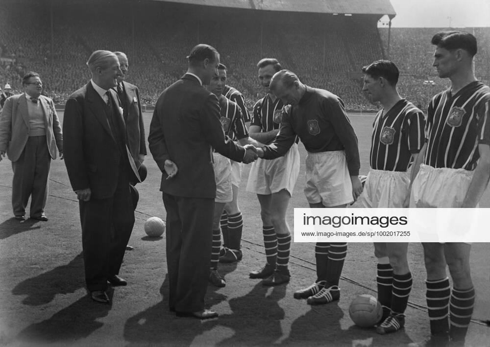 Football - 1956 FA Cup Final - Manchester City 3 Birmingham City 1 Manchester City goalkeeper Bert Trautmann is introduced to HRH Prince Philip, the Duke of Edinburgh, before kick-off at Wembley. 05 05 1956