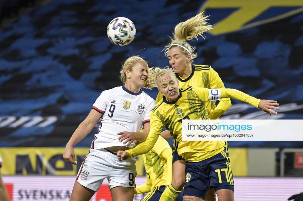 L R Lindsey Horan of USA, Caroline Seger and Linda Sembrant of Sweden in action during a friendly international soccer match between Sweden and USA at Friends Arena in Stockholm, Sweden, on Saturday April 10, 2021 Photo Janerik Henriksson TT kod 10010 SWEDEN OUT STOCKHOLM SWEDEN SOCCER