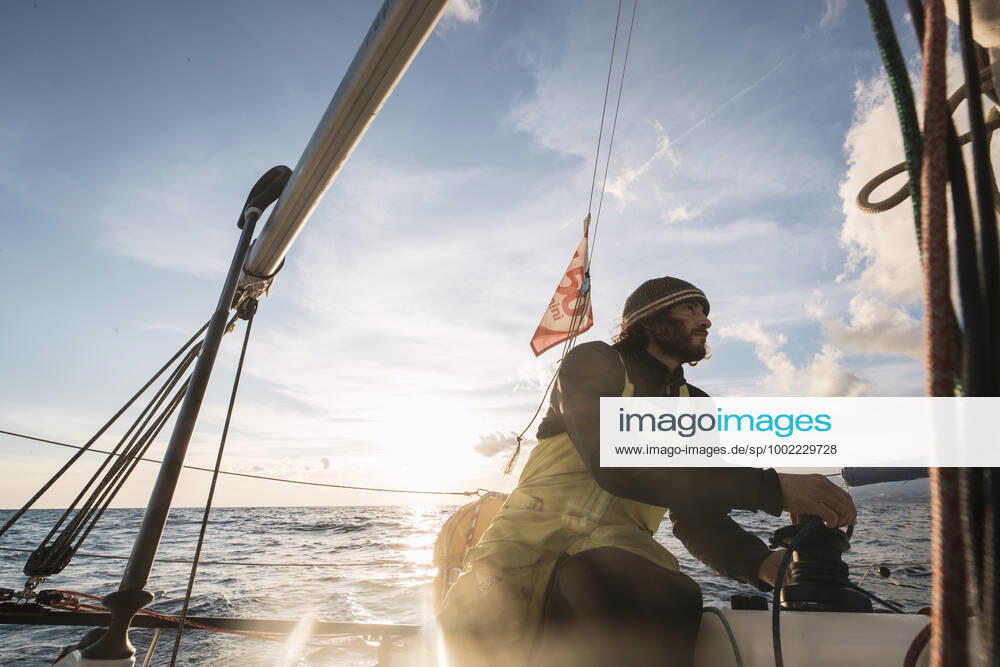 Italian Sailor Gianmarco Sardi in Imperia while training on his boat Antistene. Gianmarco, nick Mambo will attend the Mini Transat 2021, a solo transatlantic yacht race which starts in France and ends in the Caribbean.