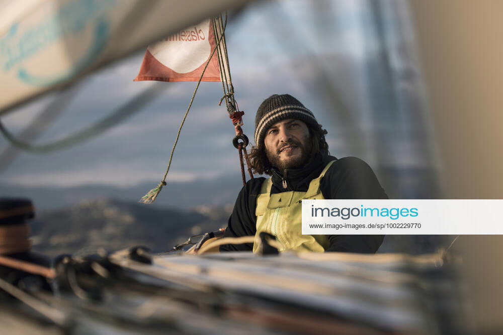 Italian Sailor Gianmarco Sardi in Imperia while training on his boat Antistene. Gianmarco, nick Mambo will attend the Mini Transat 2021, a solo transatlantic yacht race which starts in France and ends in the Caribbean.