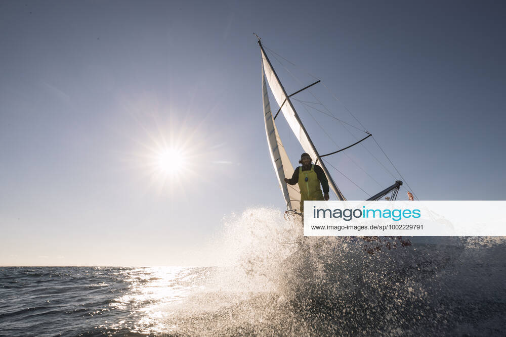 Italian Sailor Gianmarco Sardi in Imperia while training on his boat Antistene. Gianmarco, nick Mambo will attend the Mini Transat 2021, a solo transatlantic yacht race which starts in France and ends in the Caribbean.
