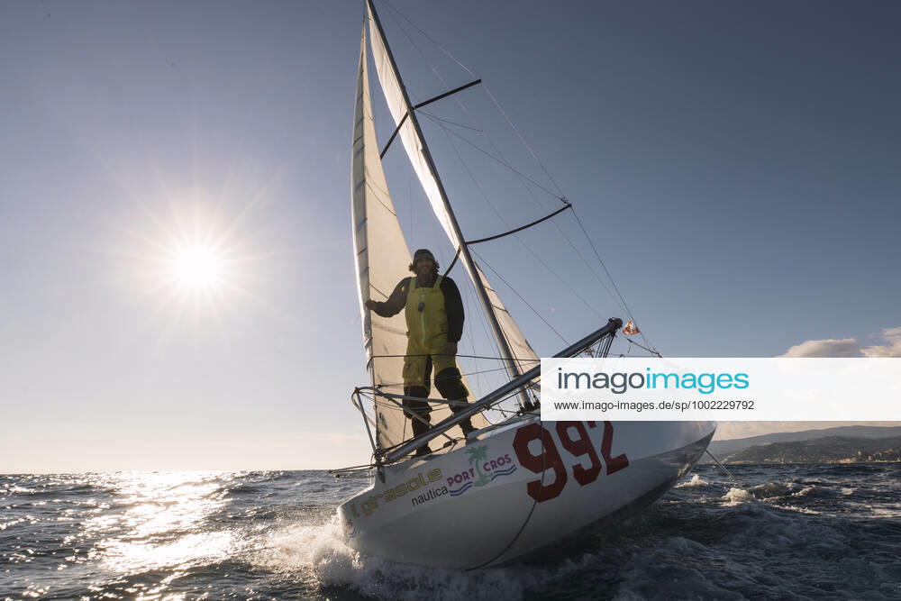 Italian Sailor Gianmarco Sardi in Imperia while training on his boat Antistene. Gianmarco, nick Mambo will attend the Mini Transat 2021, a solo transatlantic yacht race which starts in France and ends in the Caribbean.