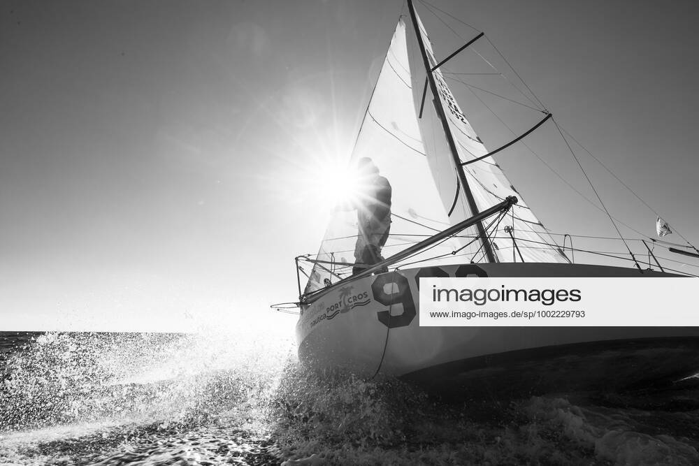 Italian Sailor Gianmarco Sardi in Imperia while training on his boat Antistene. Gianmarco, nick Mambo will attend the Mini Transat 2021, a solo transatlantic yacht race which starts in France and ends in the Caribbean.