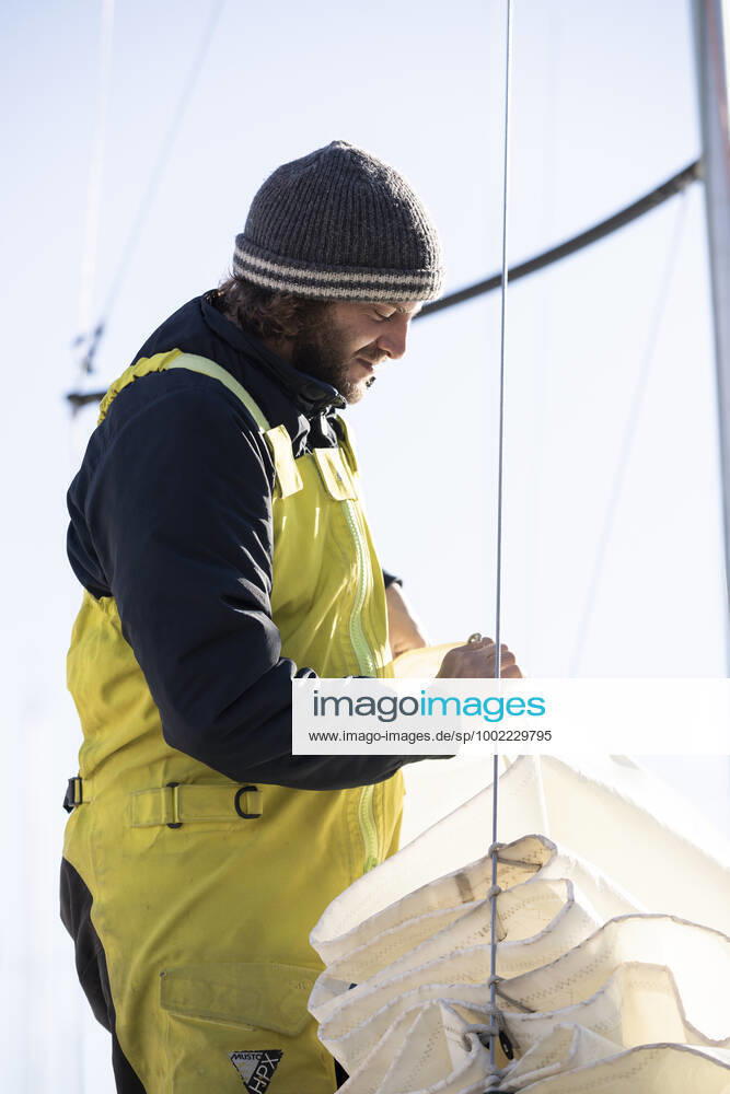 Italian Sailor Gianmarco Sardi in Imperia while training on his boat Antistene. Gianmarco, nick Mambo will attend the Mini Transat 2021, a solo transatlantic yacht race which starts in France and ends in the Caribbean.