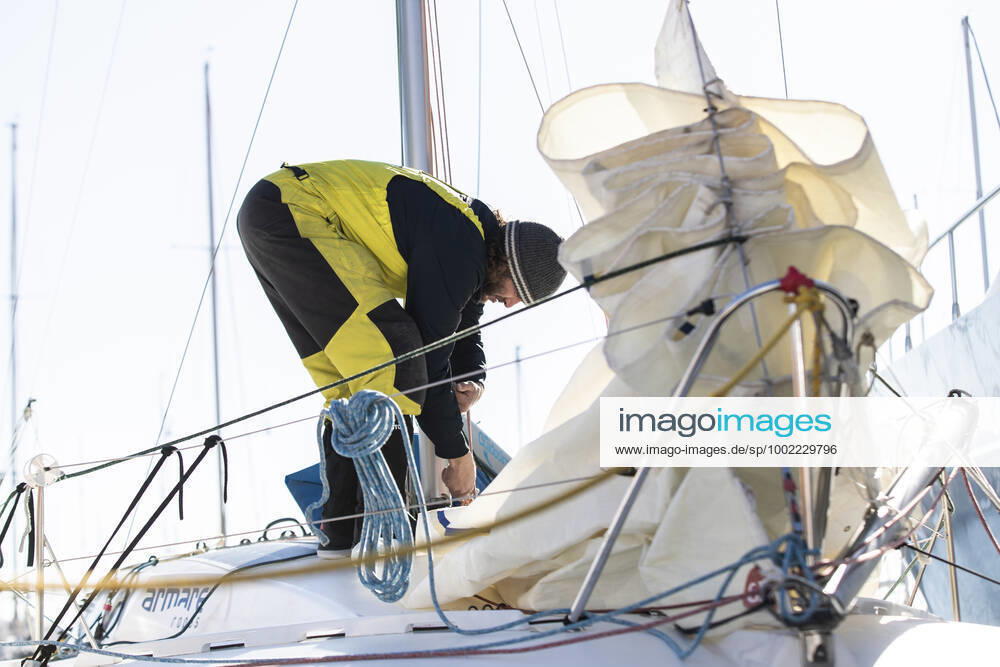 Italian Sailor Gianmarco Sardi in Imperia while training on his boat Antistene. Gianmarco, nick Mambo will attend the Mini Transat 2021, a solo transatlantic yacht race which starts in France and ends in the Caribbean.