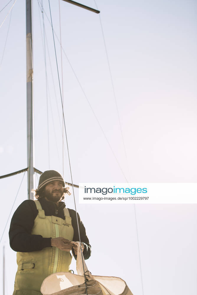 Italian Sailor Gianmarco Sardi in Imperia while training on his boat Antistene. Gianmarco, nick Mambo will attend the Mini Transat 2021, a solo transatlantic yacht race which starts in France and ends in the Caribbean.