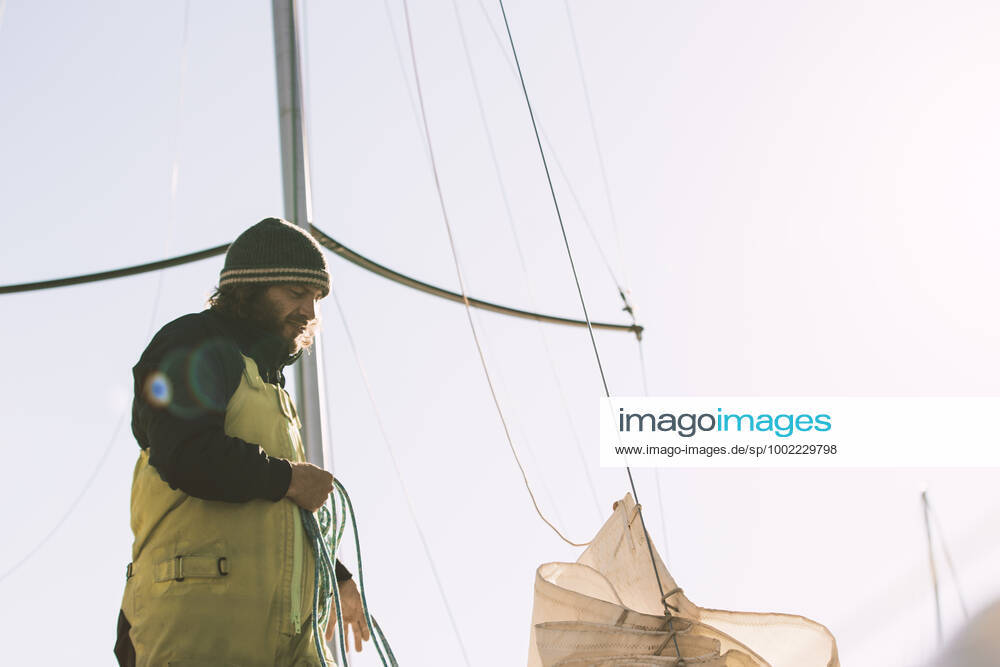 Italian Sailor Gianmarco Sardi in Imperia while training on his boat Antistene. Gianmarco, nick Mambo will attend the Mini Transat 2021, a solo transatlantic yacht race which starts in France and ends in the Caribbean.