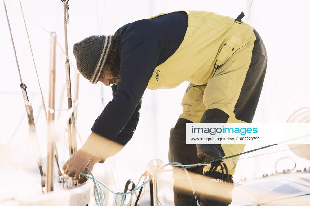 Italian Sailor Gianmarco Sardi in Imperia while training on his boat Antistene. Gianmarco, nick Mambo will attend the Mini Transat 2021, a solo transatlantic yacht race which starts in France and ends in the Caribbean.