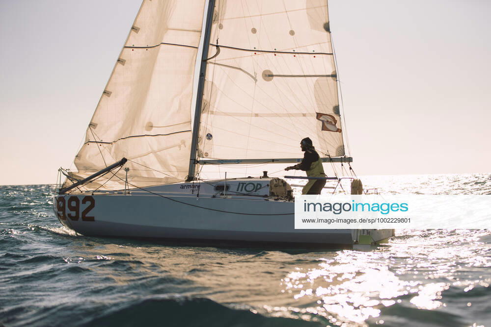 Italian Sailor Gianmarco Sardi in Imperia while training on his boat Antistene. Gianmarco, nick Mambo will attend the Mini Transat 2021, a solo transatlantic yacht race which starts in France and ends in the Caribbean.