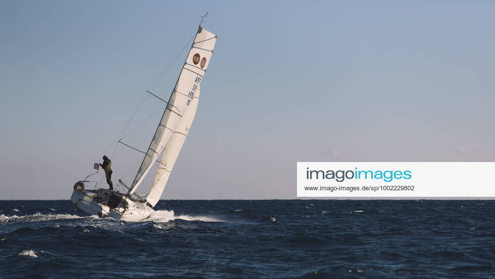 Italian Sailor Gianmarco Sardi in Imperia while training on his boat Antistene. Gianmarco, nick Mambo will attend the Mini Transat 2021, a solo transatlantic yacht race which starts in France and ends in the Caribbean.