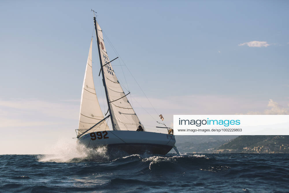 Italian Sailor Gianmarco Sardi in Imperia while training on his boat Antistene. Gianmarco, nick Mambo will attend the Mini Transat 2021, a solo transatlantic yacht race which starts in France and ends in the Caribbean.