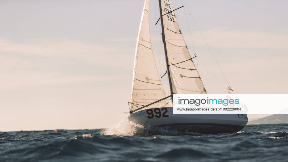 Italian Sailor Gianmarco Sardi in Imperia while training on his boat Antistene. Gianmarco, nick Mambo will attend the Mini Transat 2021, a solo transatlantic yacht race which starts in France and ends in the Caribbean.