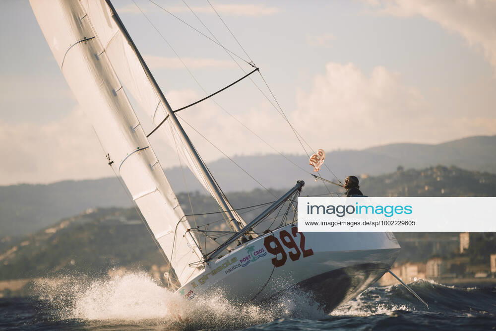 Italian Sailor Gianmarco Sardi in Imperia while training on his boat Antistene. Gianmarco, nick Mambo will attend the Mini Transat 2021, a solo transatlantic yacht race which starts in France and ends in the Caribbean.