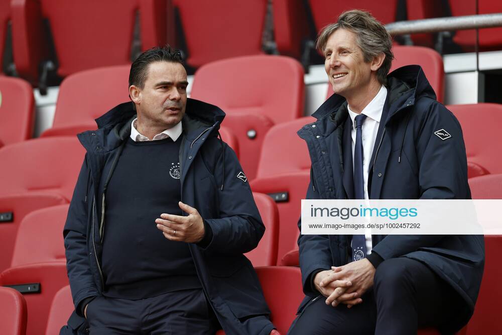 AMSTERDAM lr Ajax technical director Marc Overmars, Ajax general director Edwin van der Sar during the Dutch Eredivisie match between Ajax Amsterdam and FC Emmen in the Johan Cruijff Arena on May 02, 2021 in Amsterdam, The Netherlands ANP MAURICE VAN STEEN Dutch Eredivisie 2020 2021 ANPxSportx IVx 430950277