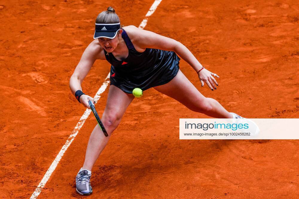 Jelena Ostapenko of Latvia in action against Jennifer Brady of the US during their Mutua Madrid Open tennis tournament s game at Caja Magica tennis complex in Madrid, Spain, 02 May 2021. Mutua Madrid Open !ACHTUNG: NUR REDAKTIONELLE NUTZUNG!