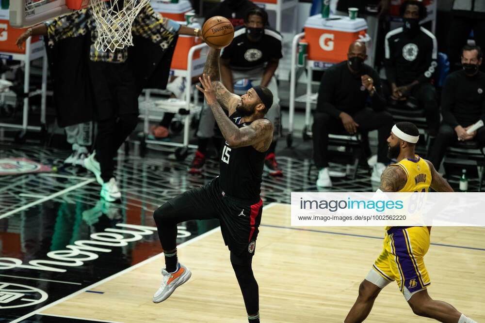 LOS ANGELES, CA - MAY 06:LA Clippers center DeMarcus Cousins 15 goes up for a dunk during the Los Angeles Lakers versus the Los Angeles Clippers NBA, Basketball Herren, USA basketball game on May 06, 2021 at Staples Center in Los Angeles, CA. (Photo by Jevone Moore Icon Sportswire) NBA: MAY 06 Lakers at Clippers Icon21050842