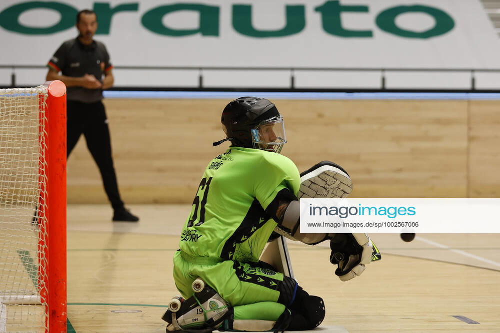 Sporting CP v OC Barcelos - Rink Hockey 1st Division Playoff Angelo Girao defends during the Rink Hockey playoffs 1st leg between Sporting CP and OC Barcelos, at Pavilhao Joao Rocha, Lisboa, Portugal, 08, May, 2021 Lisbon Portugal rico-sporting210508_npqVA