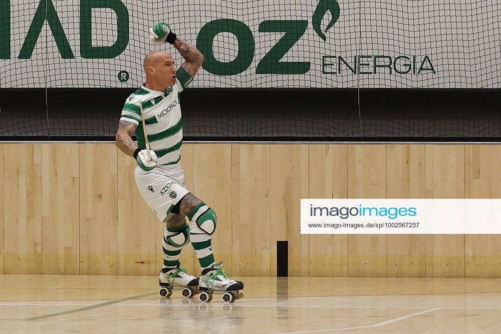 Sporting CP v OC Barcelos - Rink Hockey 1st Division Playoff Pedro Gil celebrates his goal 5-3 in overtime during the Rink Hockey playoffs 1st leg between Sporting CP and OC Barcelos, at Pavilhao Joao Rocha, Lisboa, Portugal, 08, May, 2021 Lisbon Portugal rico-sporting210508_npYoB