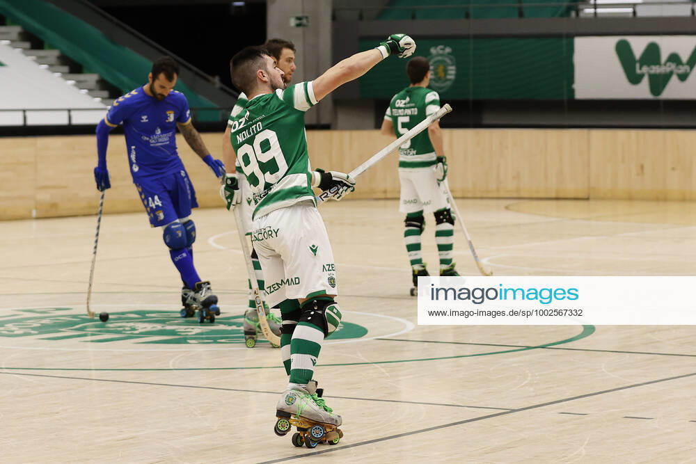 Sporting CP v OC Barcelos - Rink Hockey 1st Division Playoff Nolito Romero celebrates his goal during the Rink Hockey playoffs 1st leg between Sporting CP and OC Barcelos, at Pavilhao Joao Rocha, Lisboa, Portugal, 08, May, 2021 Lisbon Portugal rico-sporting210508_npBYC