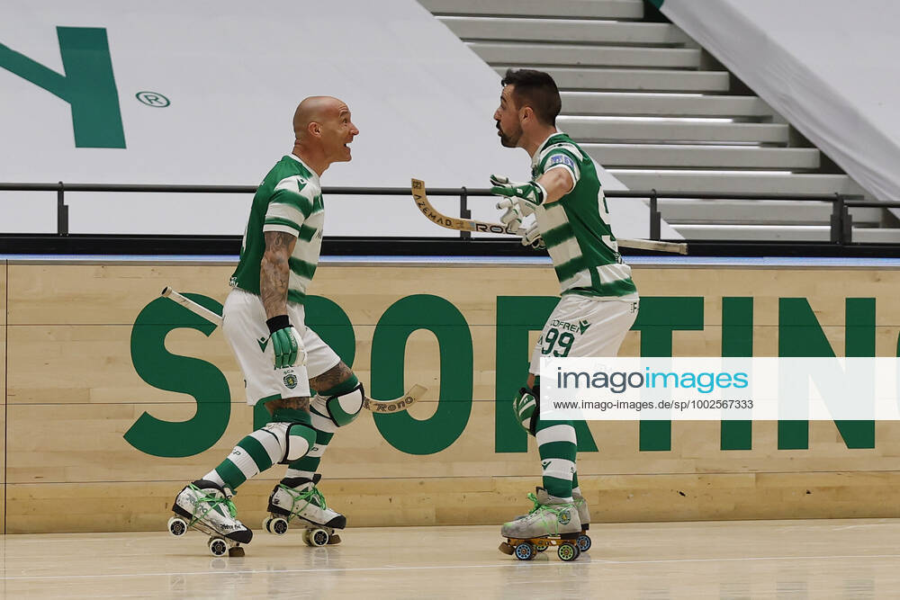 Sporting CP v OC Barcelos - Rink Hockey 1st Division Playoff Pedro Gil celebrates his goal with Nolito Romero during the Rink Hockey playoffs 1st leg between Sporting CP and OC Barcelos, at Pavilhao Joao Rocha, Lisboa, Portugal, 08, May, 2021 Lisbon Portugal rico-sporting210508_npNxi