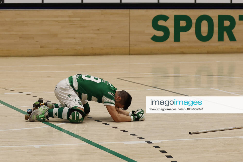 Sporting CP v OC Barcelos - Rink Hockey 1st Division Playoff Nolito Romero celebrates his goal during the Rink Hockey playoffs 1st leg between Sporting CP and OC Barcelos, at Pavilhao Joao Rocha, Lisboa, Portugal, 08, May, 2021 Lisbon Portugal rico-sporting210508_nphL7