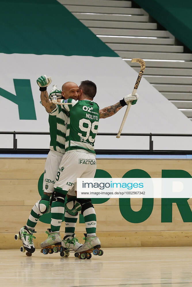 Sporting CP v OC Barcelos - Rink Hockey 1st Division Playoff Pedro Gil celebrates his goal with Nolito Romero during the Rink Hockey playoffs 1st leg between Sporting CP and OC Barcelos, at Pavilhao Joao Rocha, Lisboa, Portugal, 08, May, 2021 Lisbon Portugal rico-sporting210508_npjv1