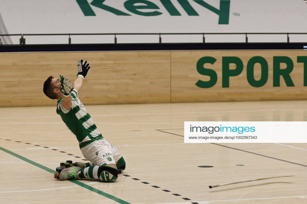 Sporting CP v OC Barcelos - Rink Hockey 1st Division Playoff Nolito Romero celebrates his goal during the Rink Hockey playoffs 1st leg between Sporting CP and OC Barcelos, at Pavilhao Joao Rocha, Lisboa, Portugal, 08, May, 2021 Lisbon Portugal rico-sporting210508_nplT8