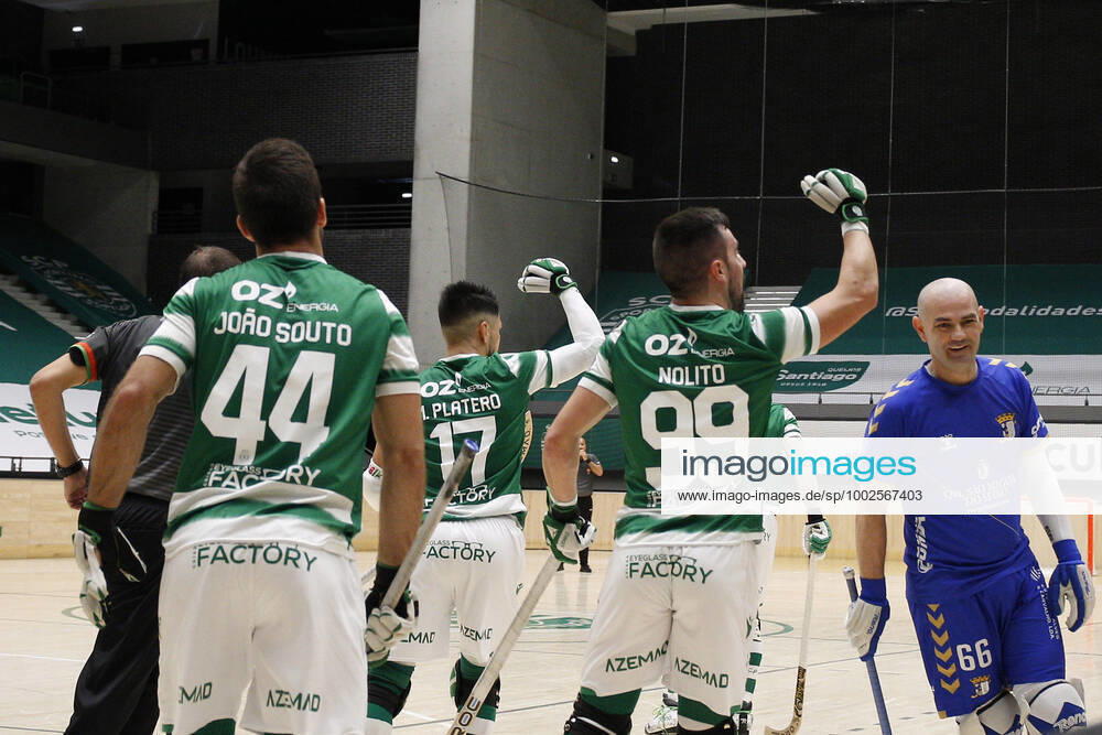 Sporting CP v OC Barcelos - Rink Hockey 1st Division Playoff Nolito Romero and teammates celebrate his first goal 1-0 during the Rink Hockey playoffs 1st leg between Sporting CP and OC Barcelos, at Pavilhao Joao Rocha, Lisboa, Portugal, 08, May, 2021 Lisbon Portugal rico-sporting210508_npHiv