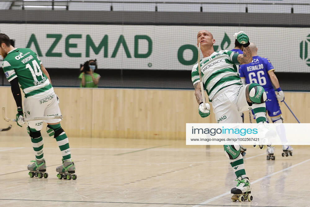 Sporting CP v OC Barcelos - Rink Hockey 1st Division Playoff Pedro Gil celebrates his goal 5-3 in overtime during the Rink Hockey playoffs 1st leg between Sporting CP and OC Barcelos, at Pavilhao Joao Rocha, Lisboa, Portugal, 08, May, 2021 Lisbon Portugal rico-sporting210508_npLSw