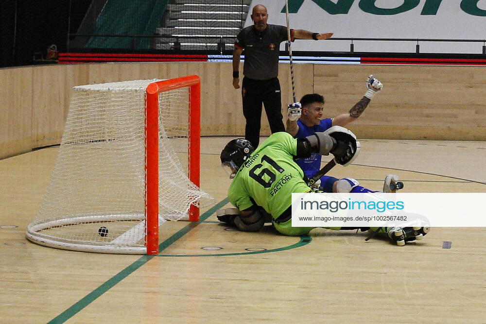 Sporting CP v OC Barcelos - Rink Hockey 1st Division Playoff Dario Gimenez celebrates his goal during the Rink Hockey playoffs 1st leg between Sporting CP and OC Barcelos, at Pavilhao Joao Rocha, Lisboa, Portugal, 08, May, 2021 Lisbon Portugal rico-sporting210508_npcDg