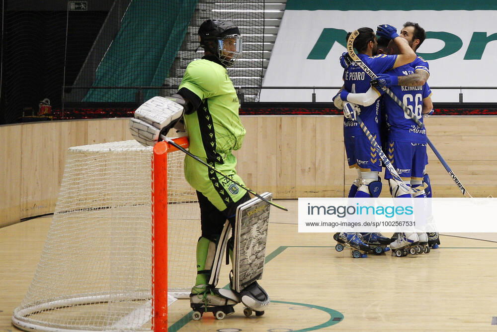 Sporting CP v OC Barcelos - Rink Hockey 1st Division Playoff Dario Gimenez celebrates his goal with his team during the Rink Hockey playoffs 1st leg between Sporting CP and OC Barcelos, at Pavilhao Joao Rocha, Lisboa, Portugal, 08, May, 2021 Lisbon Portugal rico-sporting210508_nporN