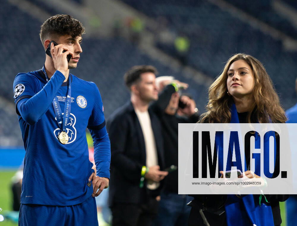 Kai Havertz of Chelsea celebrates with girlfriend Sophia Weber following the UEFA Champions League Final match between Manchester City and Chelsea at The Est?dio do Drag?o, Porto, Portugal on 29 May 2021.