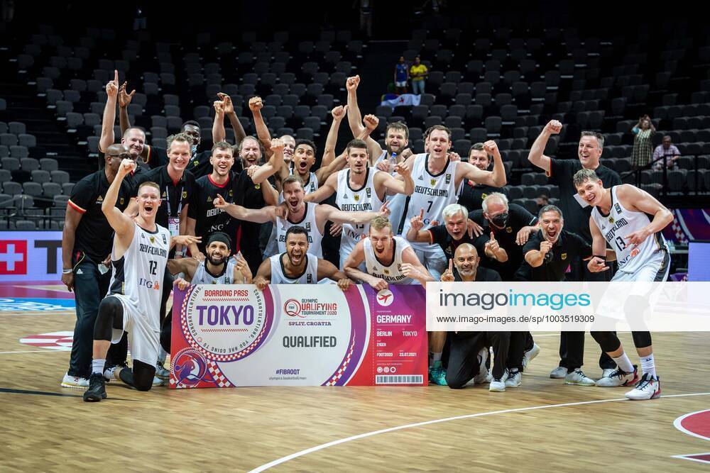 Basketball Split 04 07 2021 Olympic Qualifying FIBA Olympic Qualifying Tournament 2020 Final Germany GER Brazil BRA Germany wins and qualifies fÂ¸r Olympics in Tokyo Isaac Bonga Germany, No 00 Joshiko Saibou Germany, No 01 Maodo Lo Germany, No 04 Nils Giffey Germany, No 05 Johannes Voigtmann Germany, No 07 Jan Niklas Wimberg Germany, No 06 Moritz Wagner Germany, No 13 Lukas Wank Germany, No 19 Danilo Barthel Germany, No 22 Johannes Thiemann Germany, No 32 Andreas Obst Germany, No 42 Henrik RËÜdl Germany, national coach Rodl Roedl and others