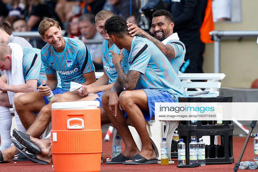 football test match, MSV Neuruppin Hertha BSC Berlin, v l Niklas Stark Hertha, 5 , Marton Dardai Hertha, 31 , Kevin Prince Boateng Hertha, 27 and Davie Selke Hertha, 7 joking on the bench Neuruppin