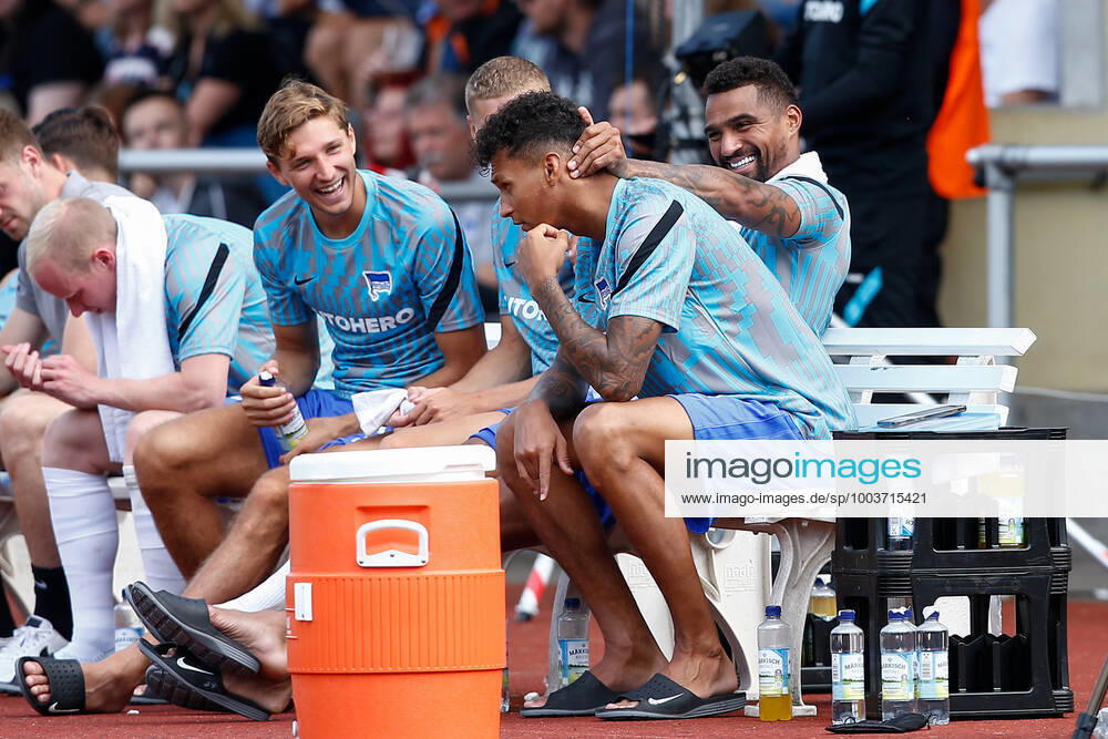 football test match, MSV Neuruppin Hertha BSC Berlin, v l Niklas Stark Hertha, 5 , Marton Dardai Hertha, 31 , Kevin Prince Boateng Hertha, 27 and Davie Selke Hertha, 7 joking on the bench Neuruppin