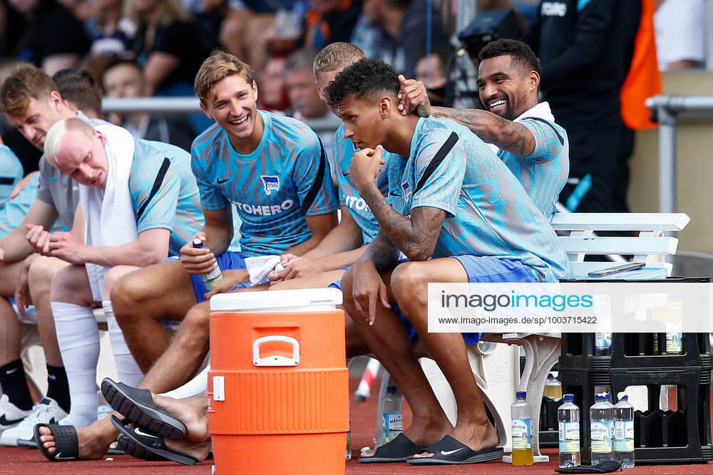 football test match, MSV Neuruppin Hertha BSC Berlin, v l Niklas Stark Hertha, 5 , Marton Dardai Hertha, 31 , Kevin Prince Boateng Hertha, 27 and Davie Selke Hertha, 7 joking on the bench Neuruppin