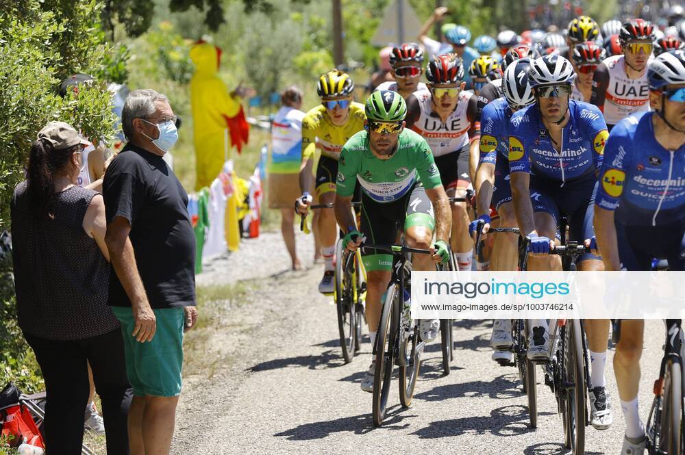 CARCASSONNE, FRANCE - JULY 09 : CAVENDISH Mark (GBR) of DECEUNINCK - QUICK-STEP, POGACAR Tadej (SLO) of UAE TEAM EMIRATES during stage 13 of the 108th edition of the 2021 Tour de France cycling race, a stage of 219,9 kms between Nimes and Carcassonne. on July 9, 2021 in Carcassonne, France, 9 07 2021 CYCLISME : Tour de France 2021 - Etape 13 - Nimes to Carcassonne - 09 07 2021 PHOTONEWS PANORAMIC