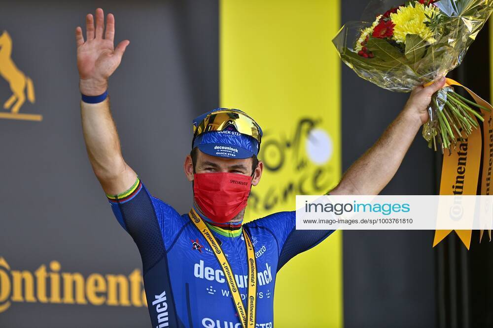 CARCASSONNE, FRANCE - JULY 09 : CAVENDISH Mark (GBR) of DECEUNINCK - QUICK - STEP pictured during the podium ceremony during stage 13 of the 108th edition of the 2021 Tour de France cycling race, a stage of 219,9 kms between Nimes and Carcassonne. on July 9, 2021 in Carcassonne, France, 9 07 2021 CYCLISME : Tour de France 2021 - Etape 13 - Nimes to Carcassonne - 09 07 2021 PHOTONEWS PANORAMIC