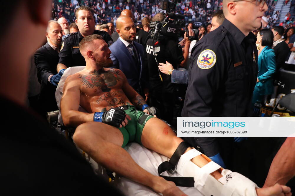 UFC 264, T-Mobile Arena, Las Vegas, Nevada, USA 10 7 2021 Dustin Poirier vs Conor McGregor Conor McGregor leaves the cage on a stretcher after injuring his ankle Conor McGregor leaves the cage on a stretcher after injuring his ankle 10 7 2021
