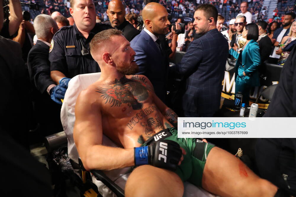 UFC 264, T-Mobile Arena, Las Vegas, Nevada, USA 10 7 2021 Dustin Poirier vs Conor McGregor Conor McGregor leaves the cage on a stretcher after injuring his ankle Conor McGregor leaves the cage on a stretcher after injuring his ankle 10 7 2021