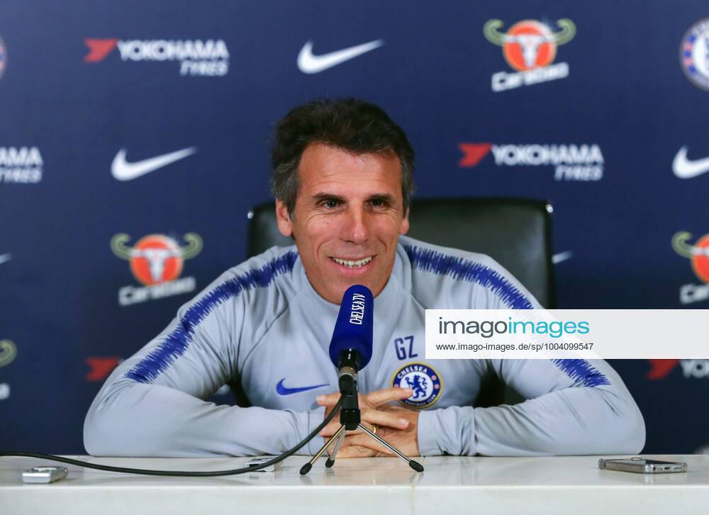 Mandatory Credit: Photo by Dave Shopland BPI Shutterstock (9948663e) Chelsea Football Club Assistant Manager Gianfranco Zola talks to the Media previewing Chelsea v Derby County EFL Cup Match. Chelsea FC press conference, PK, Pressekonferenz Football, Cobham, Surrey, UK - 30 Oct 2018 Chelsea FC Press Conference, Football, Cobham, Surrey, UK - 30 Oct 2018